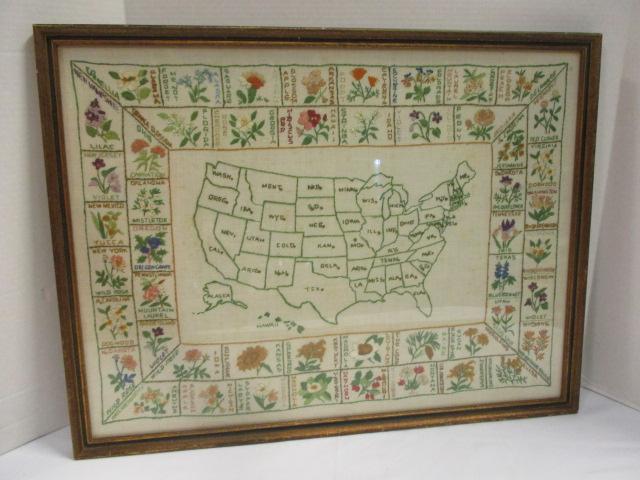 Vintage Framed Needle Point Map of United States and State Flowers