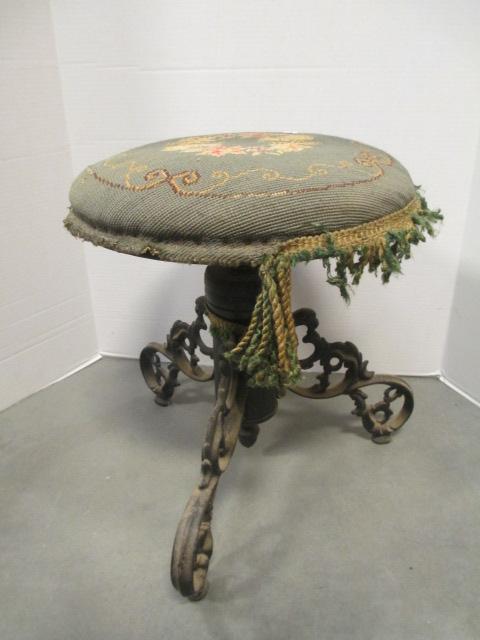 Vintage Swivel Piano Stool with Cast Metal Legs and Needle Point Seat