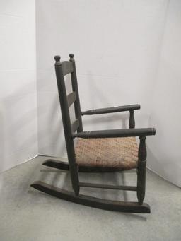 Vintage Painted Black Wood Child's Rocker with Woven Seat