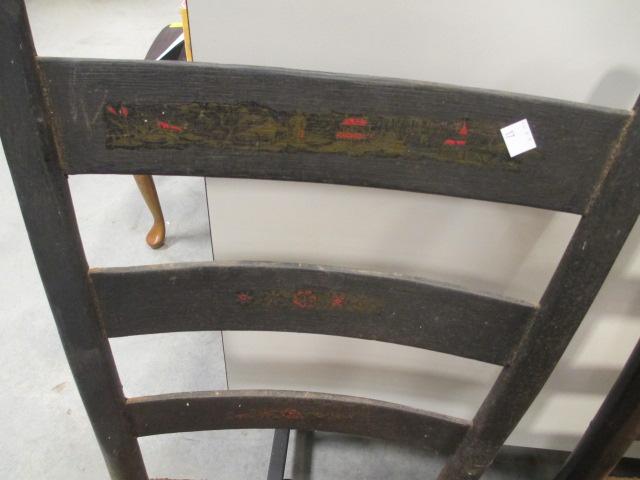 Pair of Rush Seat Chairs.  1 with Asian Motif, 1 with Floral Detailing