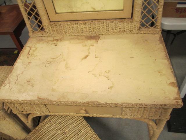 Vintage Wicker Vanity with Mirror and Matching Chair