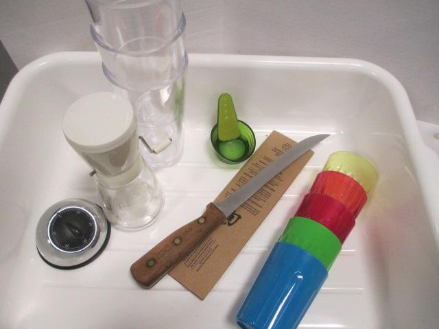 Kitchen Utensils in Plastic Tub - Sifter, Ricer, Etc.