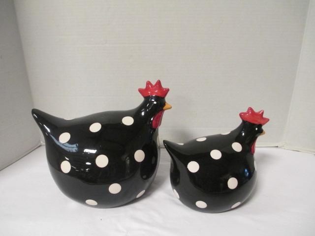 2 Ceramic Chicken White Polka Dots