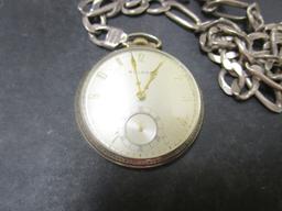 Bulova 10k Rolled Gold Plate-Sterling Base Pocketwatch on Sterling Figaro Chain