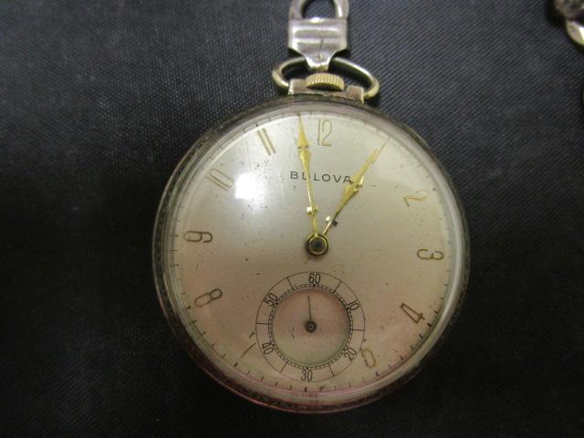Bulova 10k Rolled Gold Plate-Sterling Base Pocketwatch on Sterling Figaro Chain