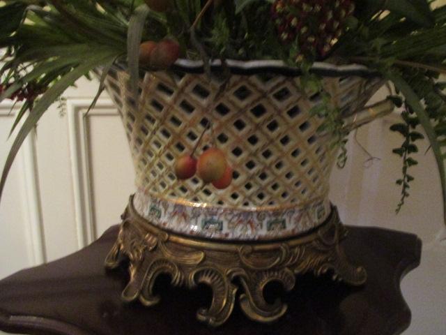 Very Nice Faux Floral Arrangement in a Ceramic Lattice Cut Planter and Brass Holder