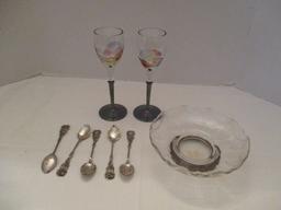 Pair of Goblets With 925 Stems, Crystal Dish with Sterling Base and 800 German Silver Spoons