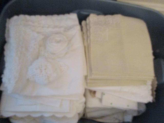 2 Totes of Table Linens and Charger Plates