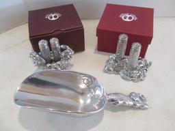 Arthur Court Salt and Peppers with Pewter Bunny Stands and an Ice Scoop with Bunny Handle