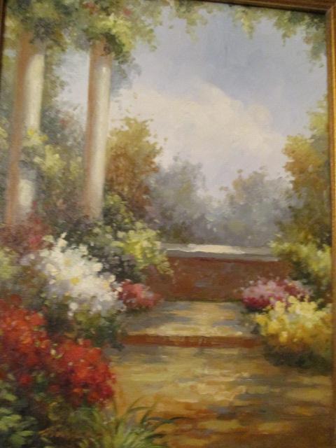 Framed Original Oil on Canvas Garden Scene