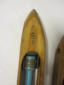 Pair of Wood Textile Shuttles with Bobbins