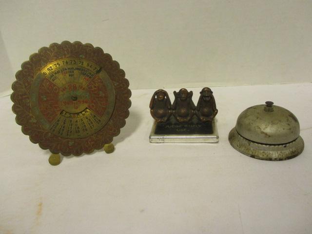 Vintage Metal Spin Dial Desk Calendar, Bell Hop Bell and Monkey Card Holder