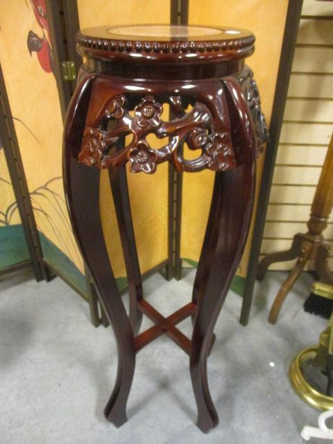 Carved Wood Pedestal/Stand with Marble Insert