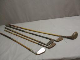 5 Antique Wooden Shaft Golf Clubs