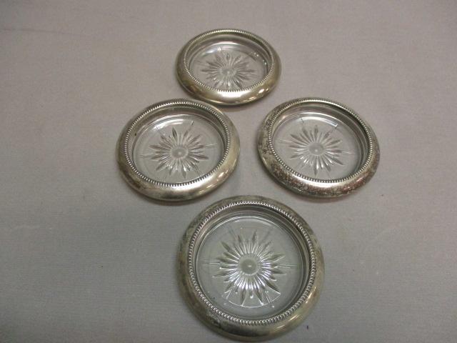 Vintage Leonard Silver Plated Glass Coasters Set of 4