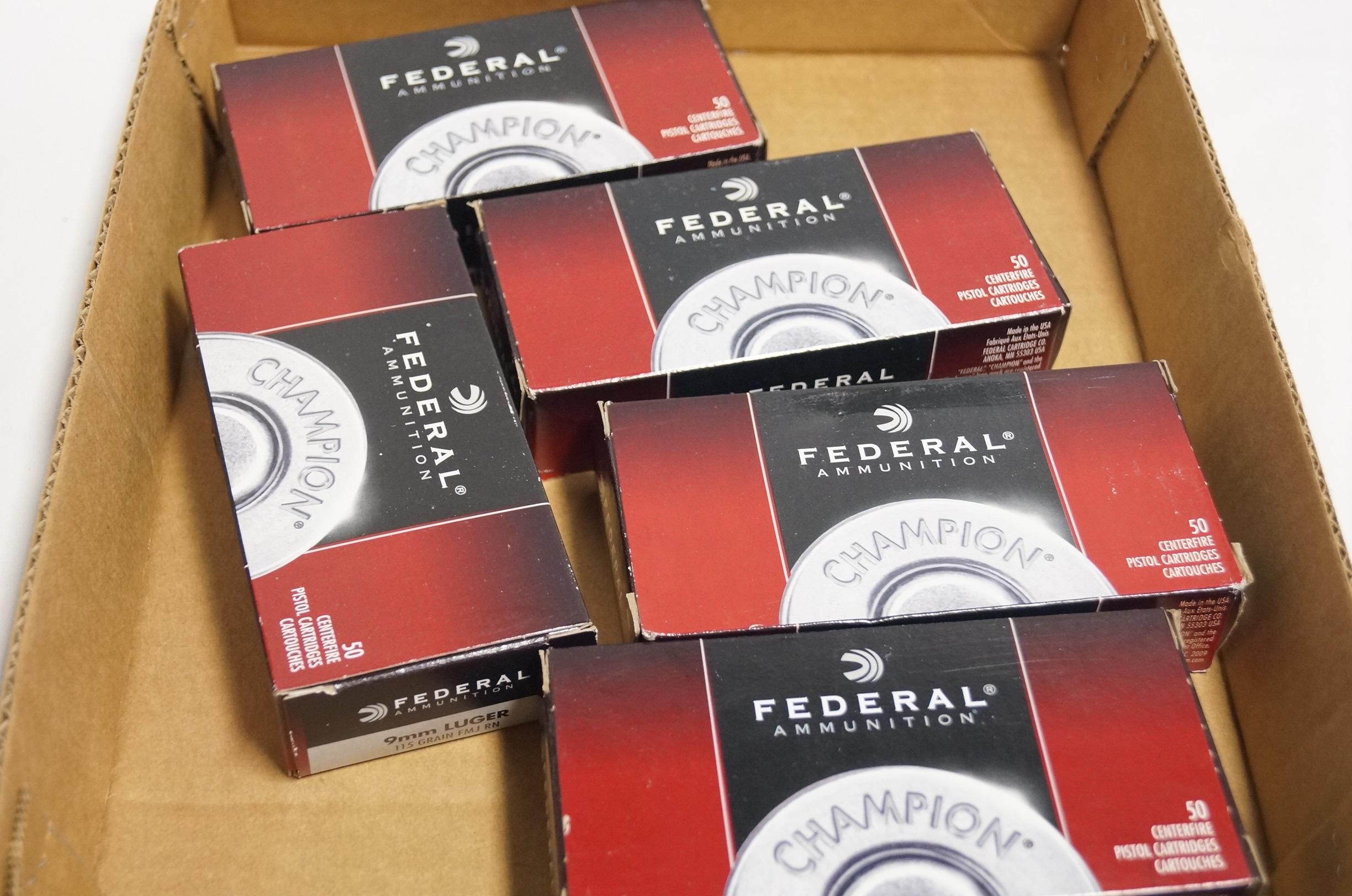 250rds. Of Federal 115gr. FMJ RN 9mm Luger Ammunition