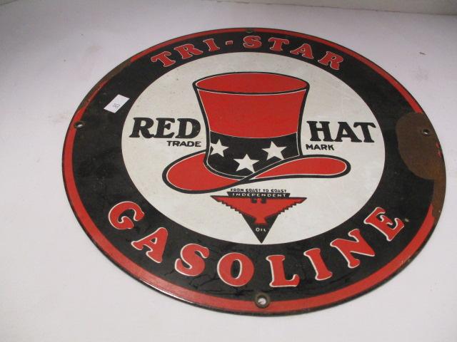 Enamel "Tri-Star Red Hat Gasoline" Advertisement Sign