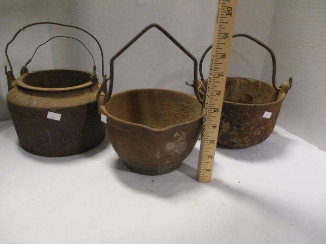 Cast Iron Double Boiler Pot and Two Small Caldrons