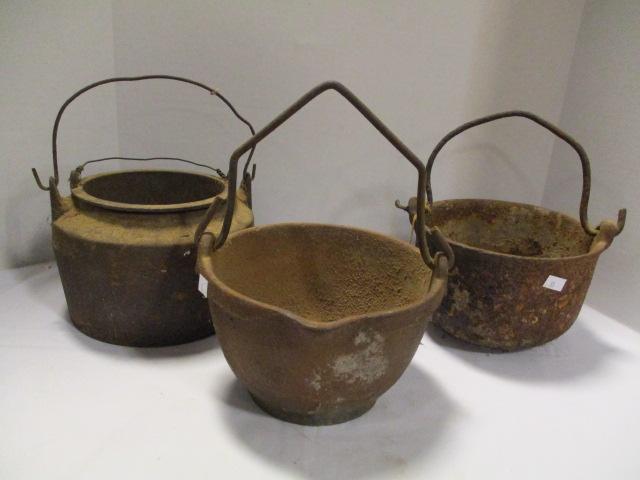 Cast Iron Double Boiler Pot and Two Small Caldrons