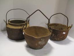 Cast Iron Double Boiler Pot and Two Small Caldrons