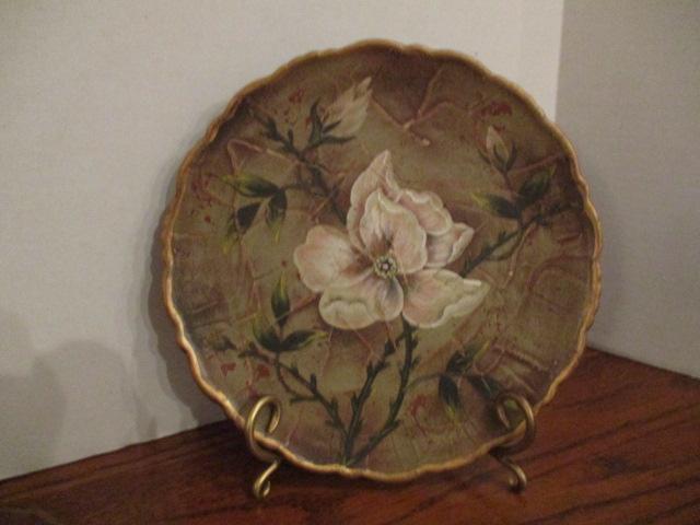 Oriental Accent Magnolia Plate, Decorative Bird Plate and Metal Stand