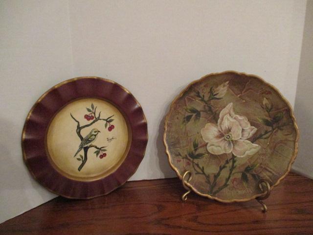 Oriental Accent Magnolia Plate, Decorative Bird Plate and Metal Stand