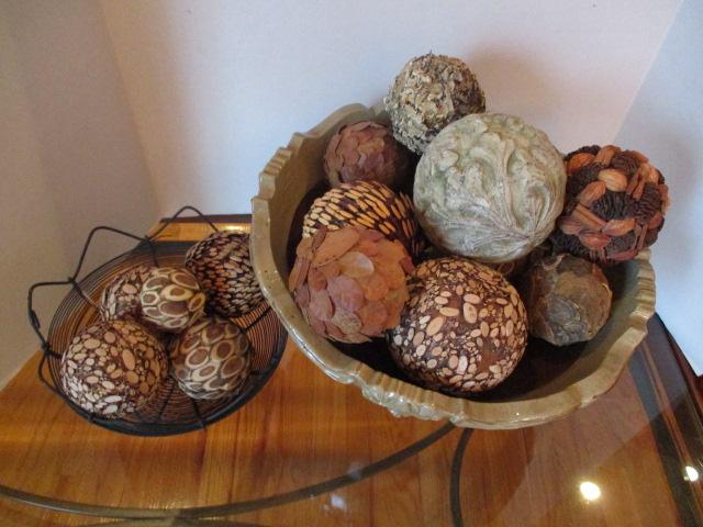 Large Pottery Bowl on Metal Stand, Wire Pedestal Bowl, and Decorative Orbs