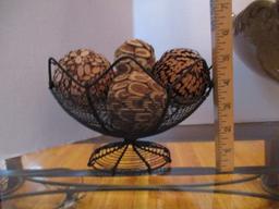 Large Pottery Bowl on Metal Stand, Wire Pedestal Bowl, and Decorative Orbs