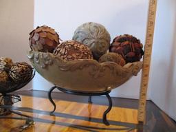 Large Pottery Bowl on Metal Stand, Wire Pedestal Bowl, and Decorative Orbs