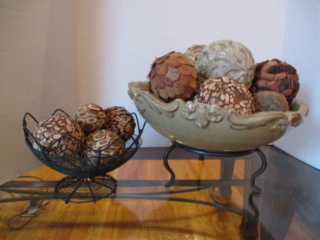 Large Pottery Bowl on Metal Stand, Wire Pedestal Bowl, and Decorative Orbs