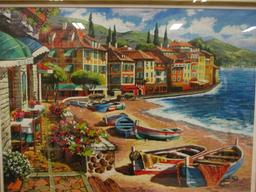 Signed Framed Serialithograph Sea Side Village Scene