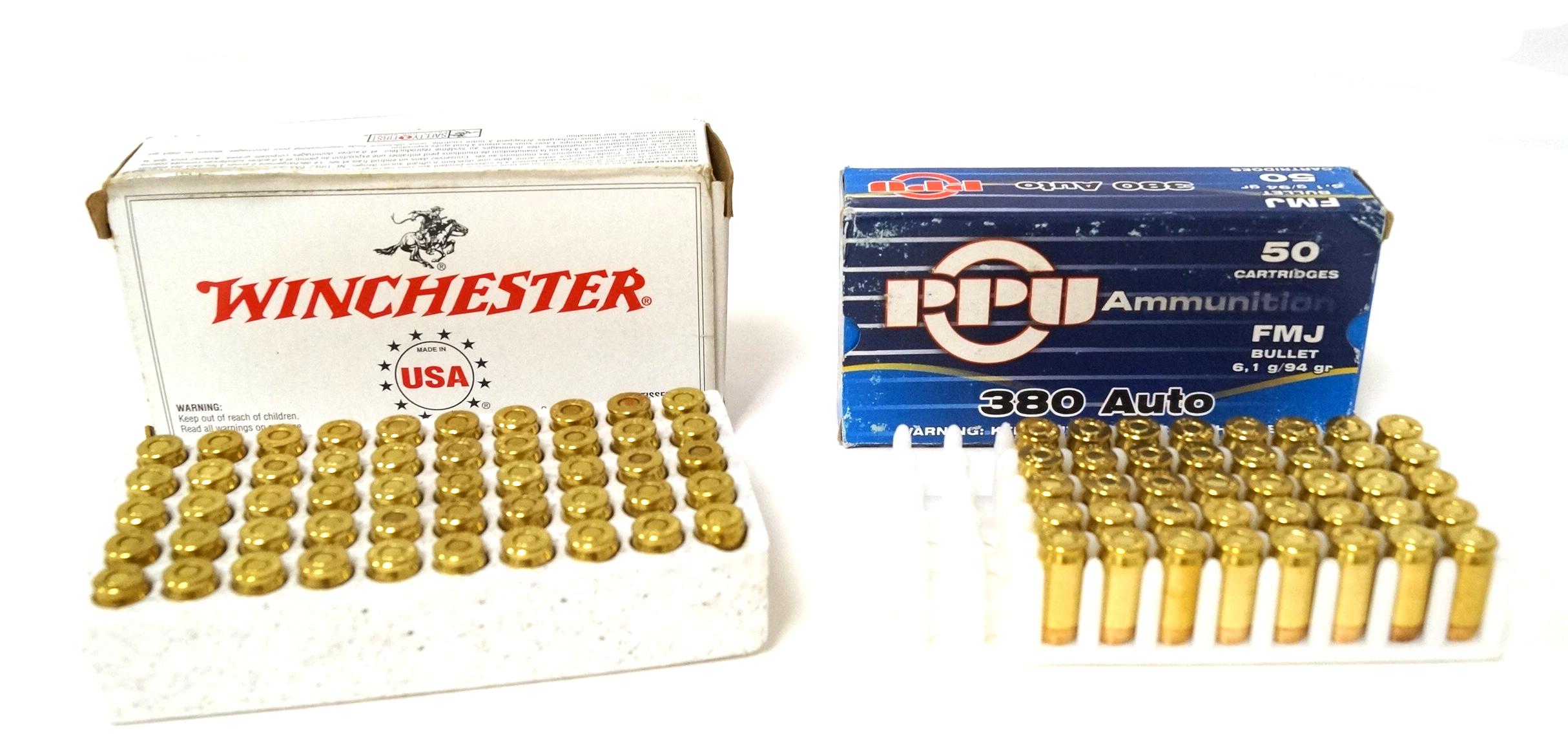 100rds. Of Winchester & PPU .380 AUTO 94/95gr. FMJ Ammunition