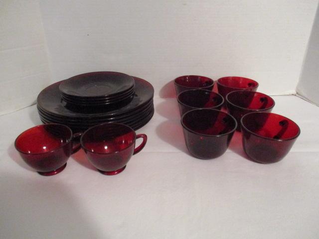 20 Pieces Ruby Red Glass Plates, Cups and Saucers