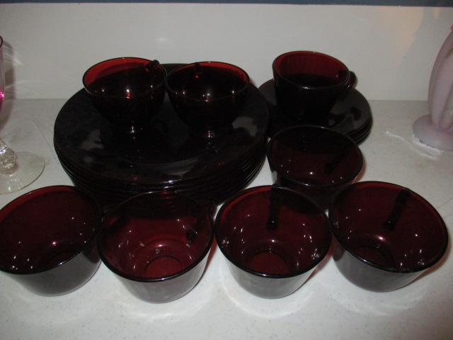 20 Pieces Ruby Red Glass Plates, Cups and Saucers