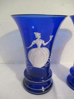 Pair of Mary Gregory Style Cobalt Glass Vases with Hand Painted Couple