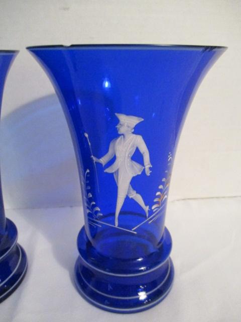 Pair of Mary Gregory Style Cobalt Glass Vases with Hand Painted Couple