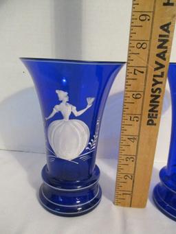 Pair of Mary Gregory Style Cobalt Glass Vases with Hand Painted Couple