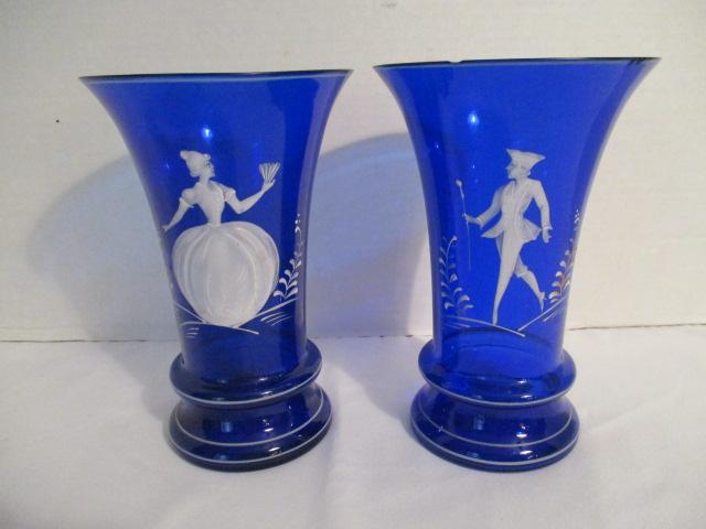 Pair of Mary Gregory Style Cobalt Glass Vases with Hand Painted Couple