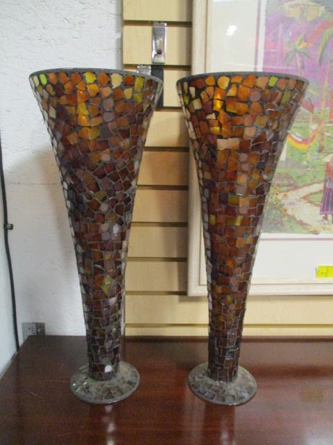 Pair of Tall Mosaic Colored Glass Vases