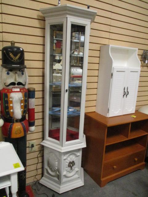 Painted White Wood Lighted Curio Cabinet with Mirrored Back and Glass Shelves