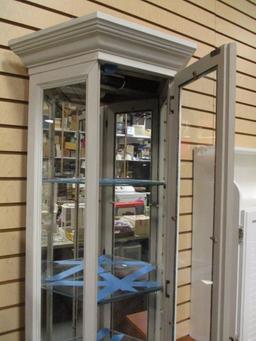 Painted White Wood Lighted Curio Cabinet with Mirrored Back and Glass Shelves