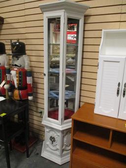 Painted White Wood Lighted Curio Cabinet with Mirrored Back and Glass Shelves