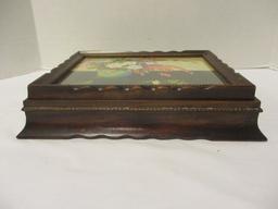 Vintage Lidded Wood Box with Still Life Lithograph Behind Glass