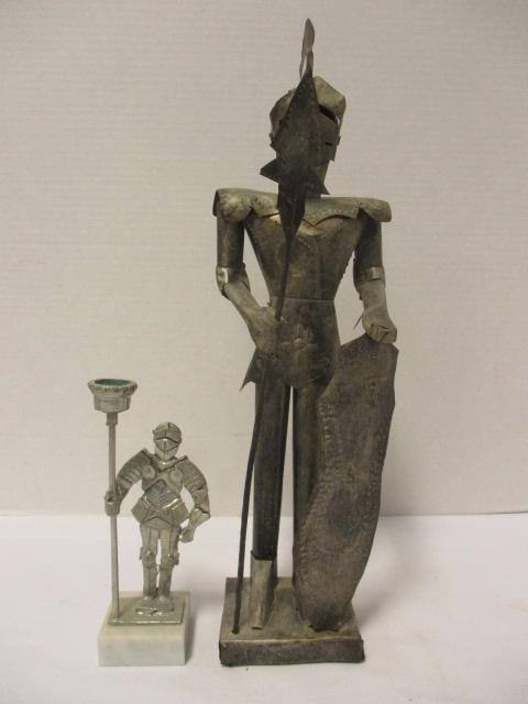 Tin Suit of Armor Figure and Pewter Suit of Armor Candle Holder with Marble Base