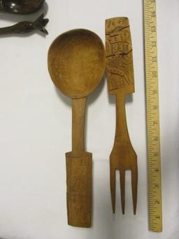 Four Sets of Carved Wood Salad Fork and Spoons