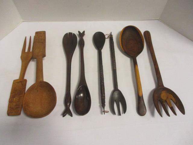 Four Sets of Carved Wood Salad Fork and Spoons