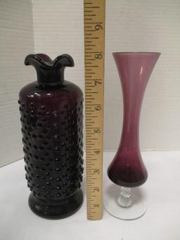 Handblown Purple Hobnail Vase with Ruffle Edge and Purple Vase with Clear Base