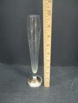 Sterling Pickle Fork and Sterling Weighted Crystal Vase with etching