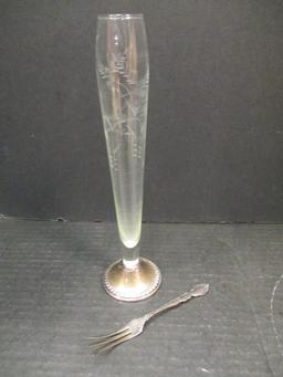 Sterling Pickle Fork and Sterling Weighted Crystal Vase with etching