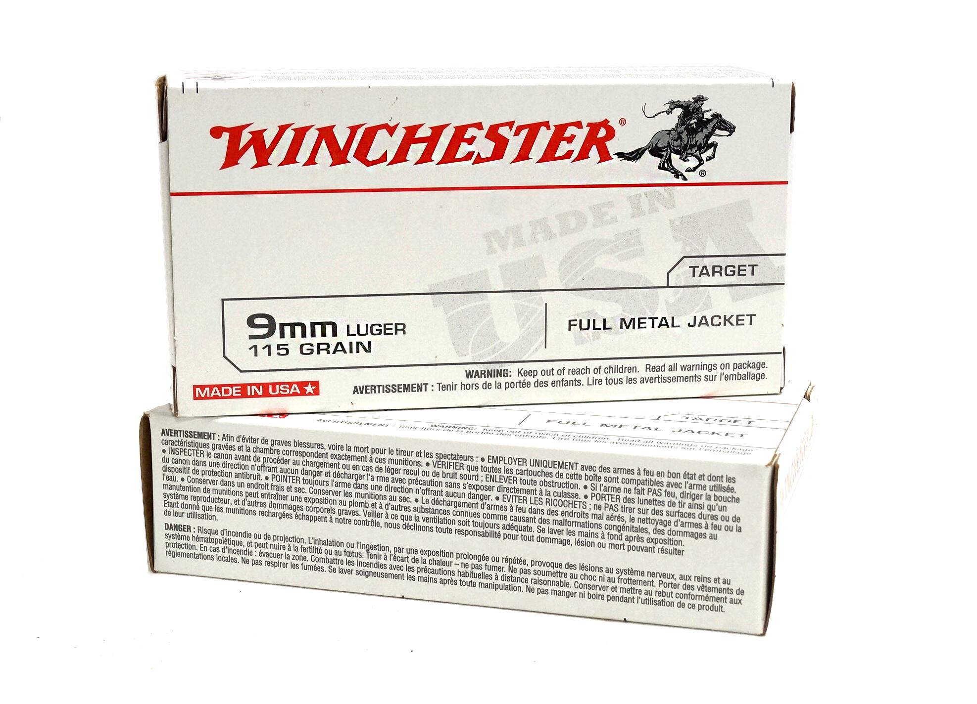 100rds. of Winchester Target 9mm Luger 115gr. FMJ Brass Case Ammunition